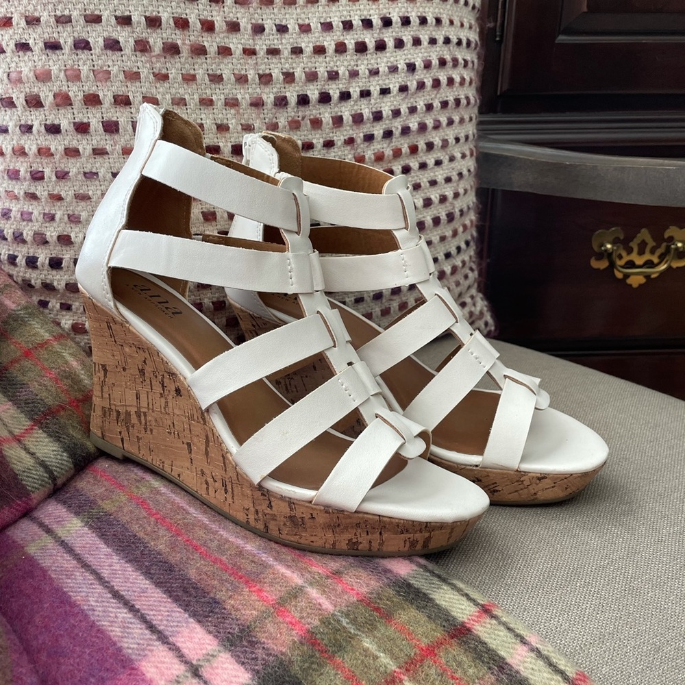 White Cork Heeled Wedges